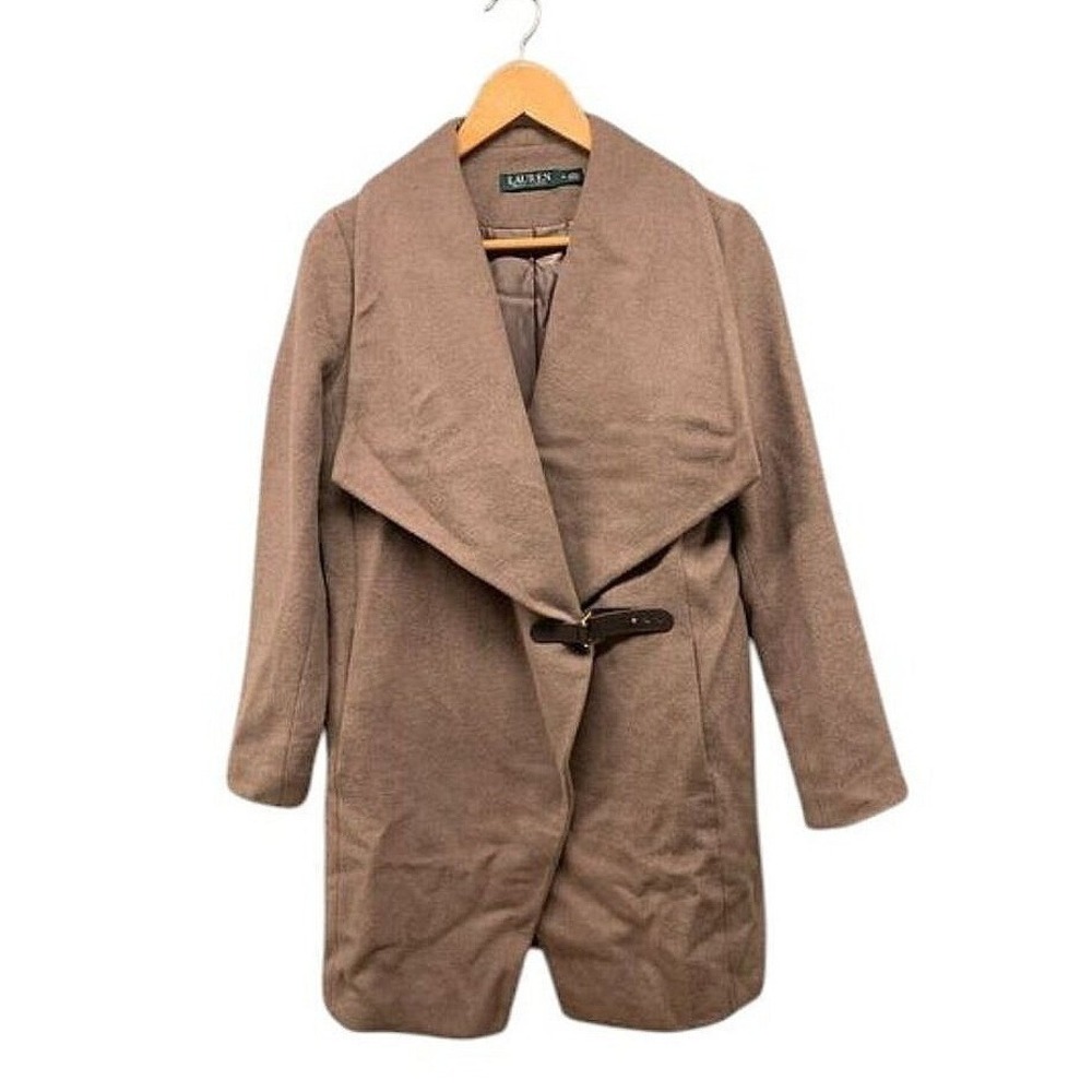 Lauren Ralph Lauren Wrap Trench Coat Womens M Tan Faux Buckle Asymmetric FLAW